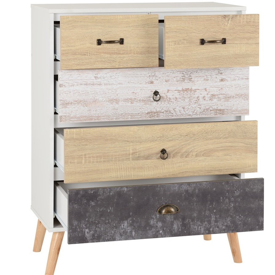 BBS1295  NORDIC 3+2 DRAWER CHEST - WHITE/DISTRESSED EFFECT