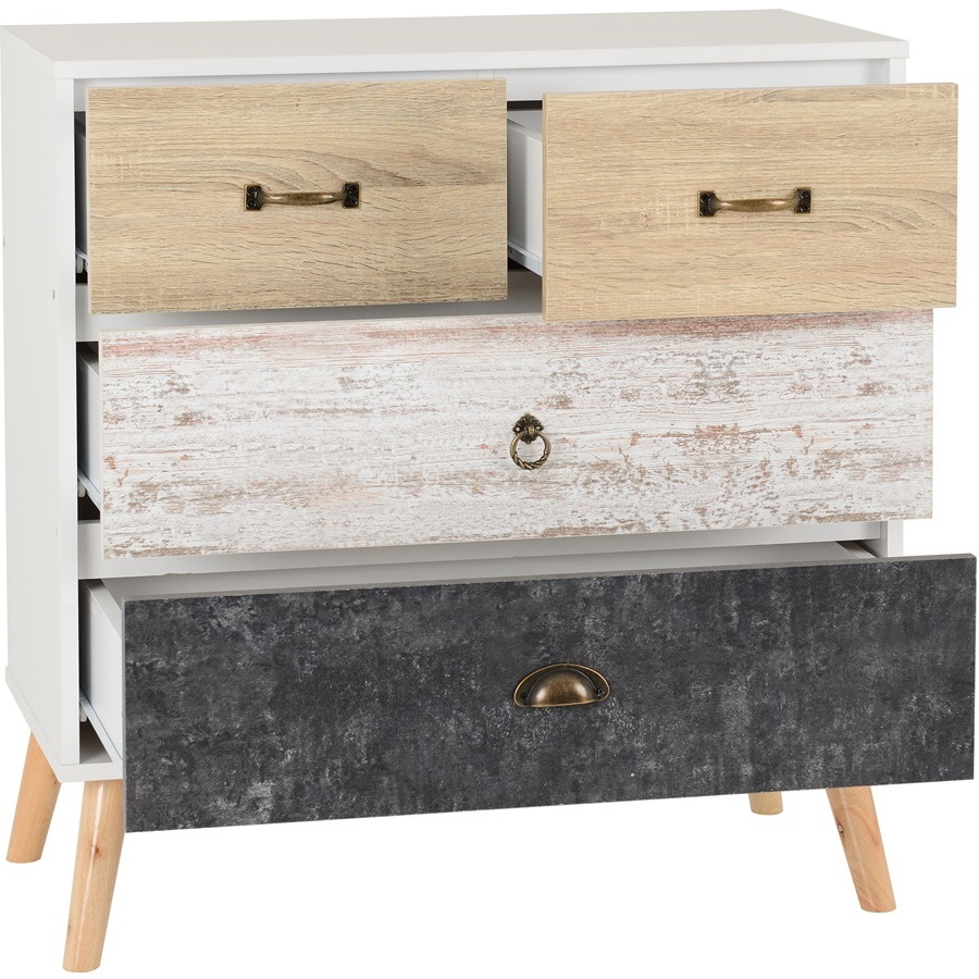 BBS1296  NORDIC 2+2 DRAWER CHEST - WHITE/DISTRESSED EFFECT