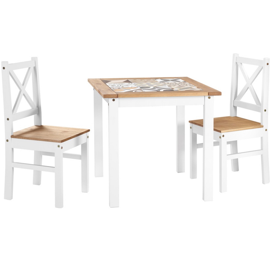 BBS1473  SALVADOR 1+2 TILE TOP DINING SET - WHITE/DISTRESSED WAXED PINE