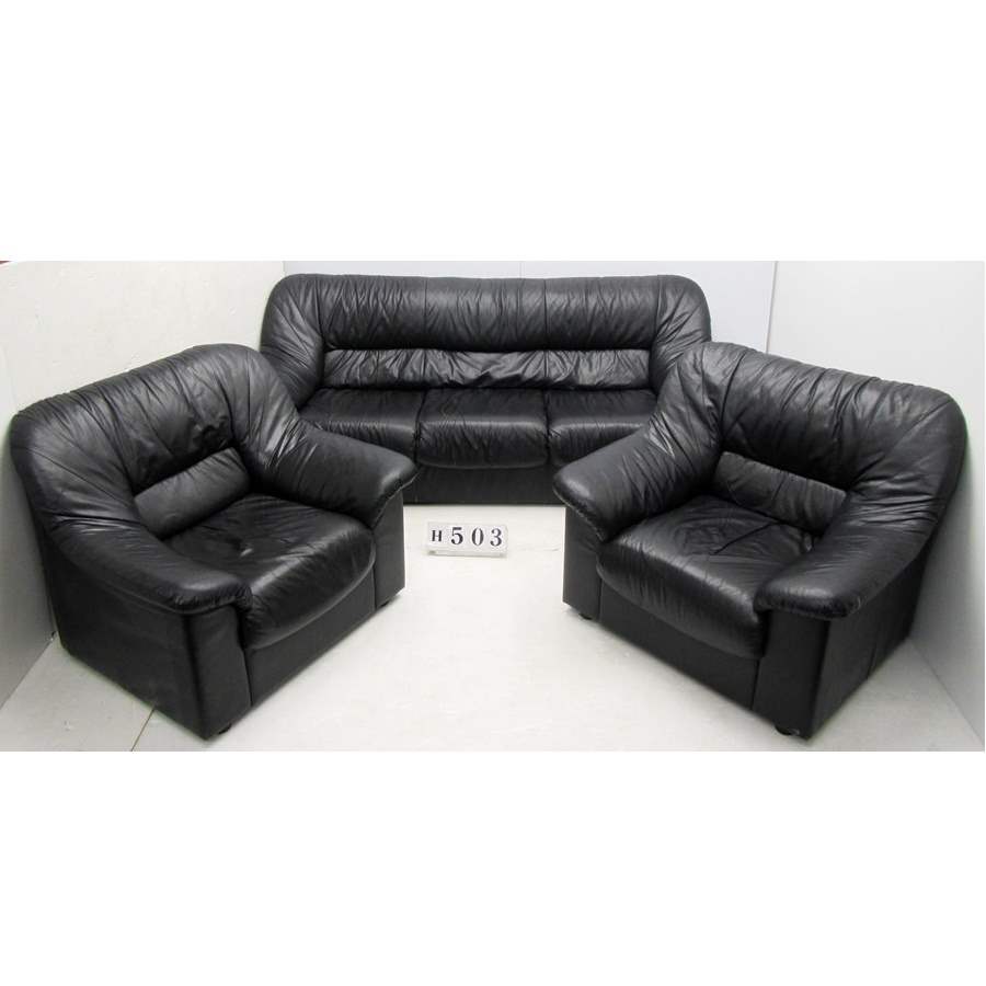 AH503  Black leather three piece suite.